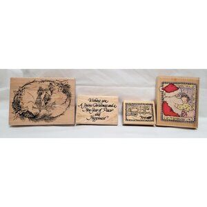 Lot of 4 Christmas Rubber Stamps Christmas Cottage Wish Hearts Santa Memories